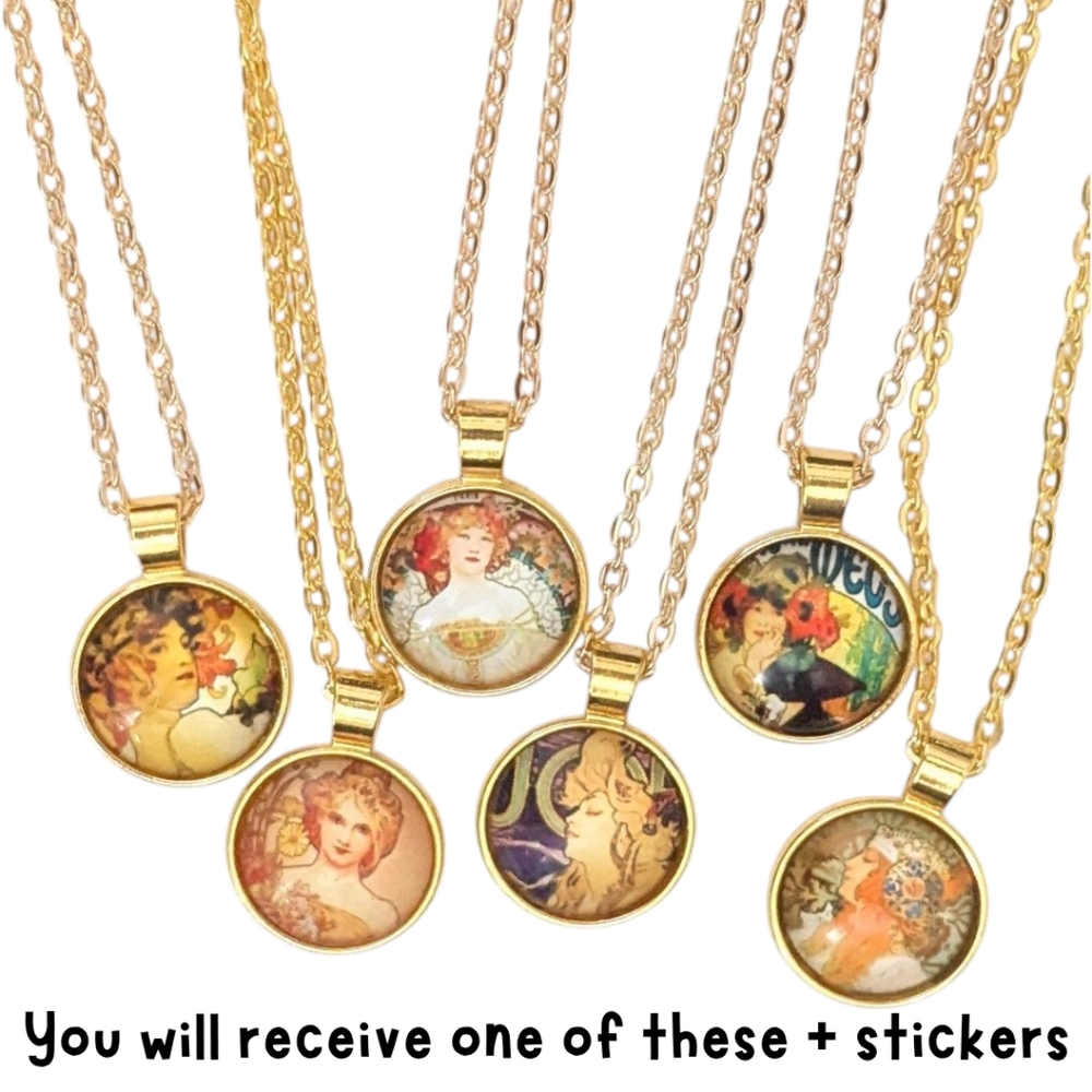 ❓Mystery❓Art Nouveau Pendant Necklace With Mucha Illustrations - Blind Bag